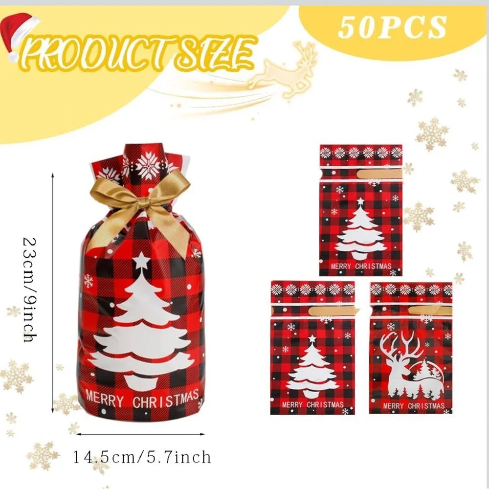 50 Christmas Red & Black Plaid Party Favor Bags with Gold Bows